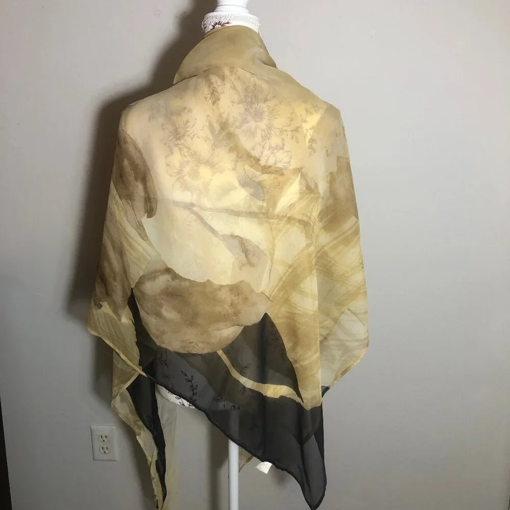 Gottex Sheer Floral Silk Scarf Wrap – Neutral Gold & Black